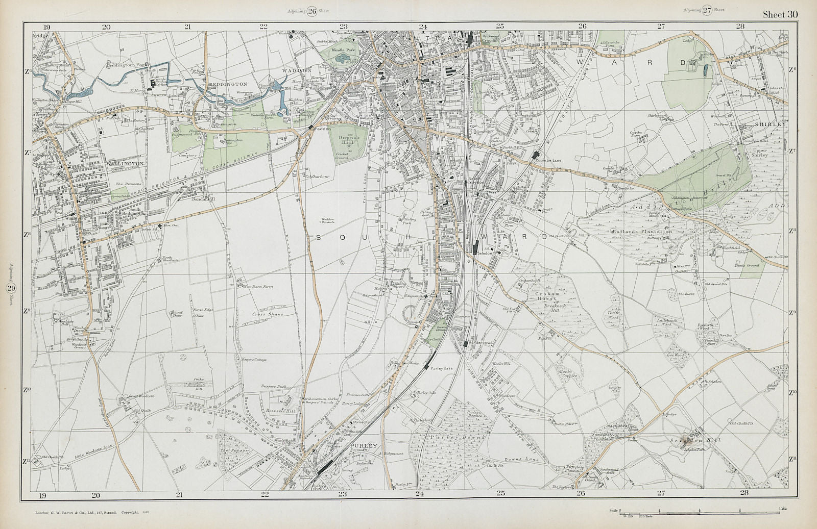 SOUTH CROYDON Carshalton Wallington Waddon Beddington Purley. BACON  1906 map